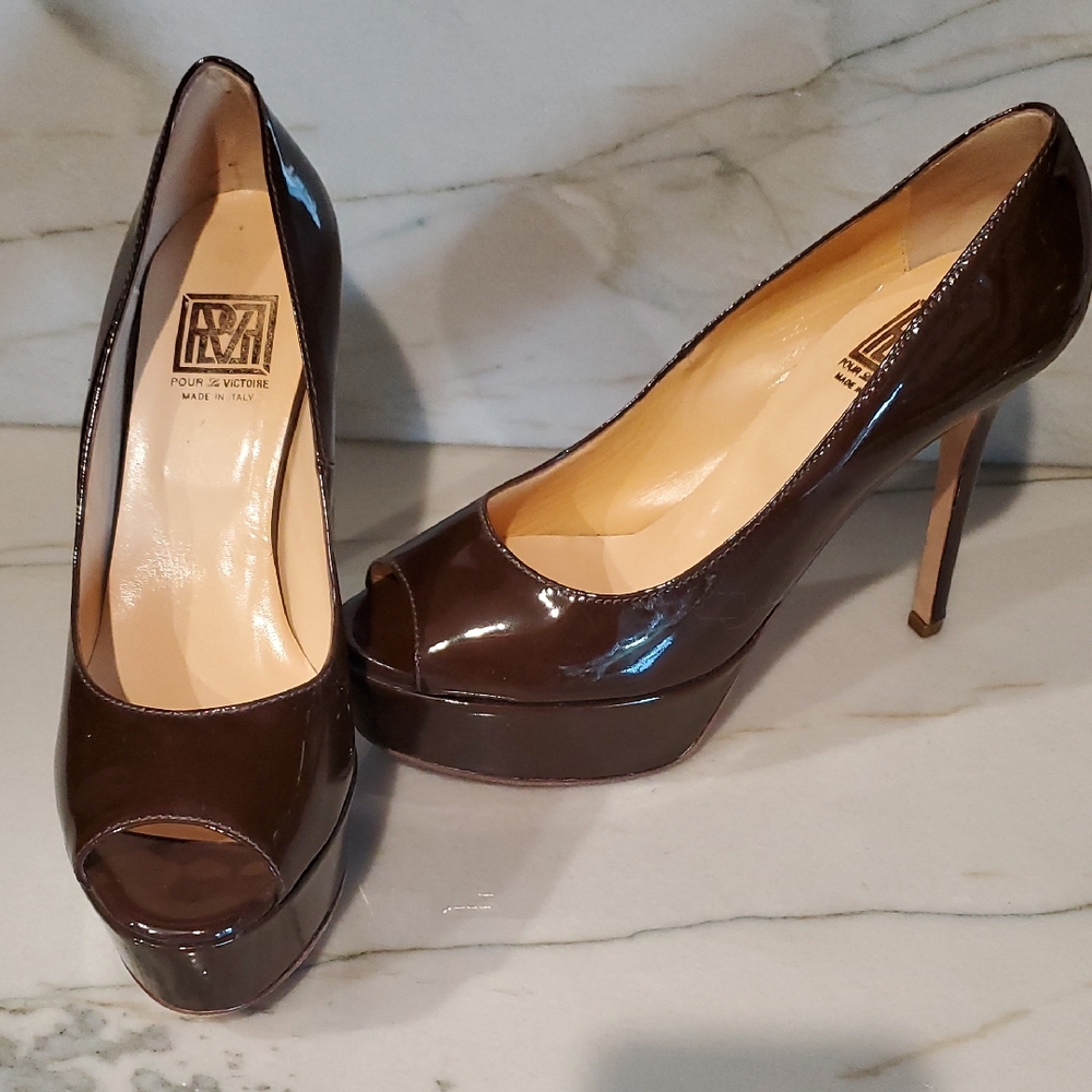 Pour La Victoire Dark Brown Peep Toe Heels